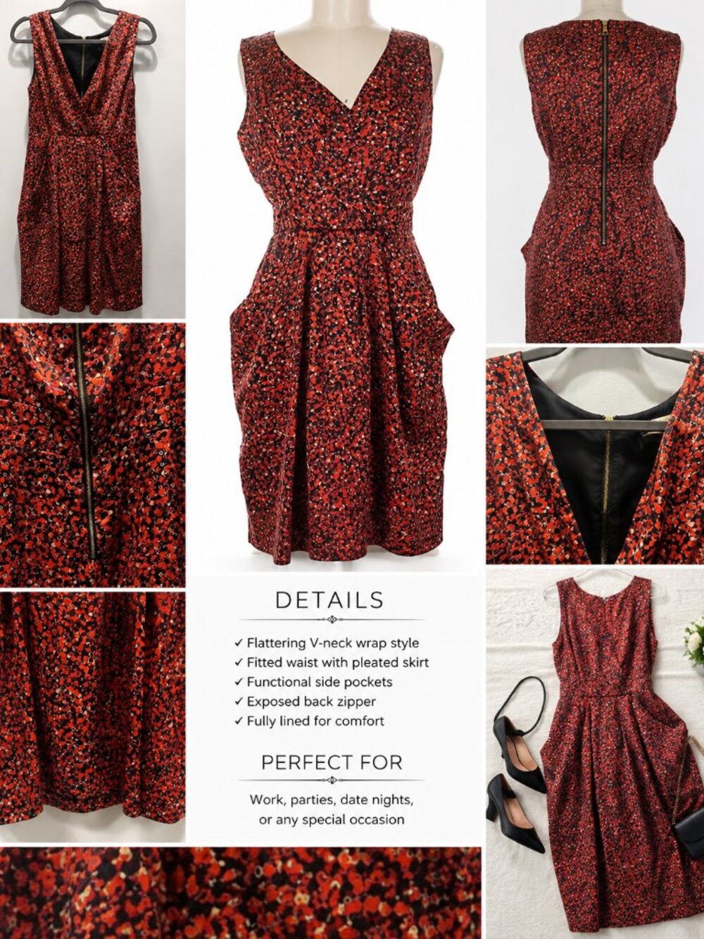 Cynthia Steffe Red Black Abstract Print Fit & Flare Dress V-Neck Pockets